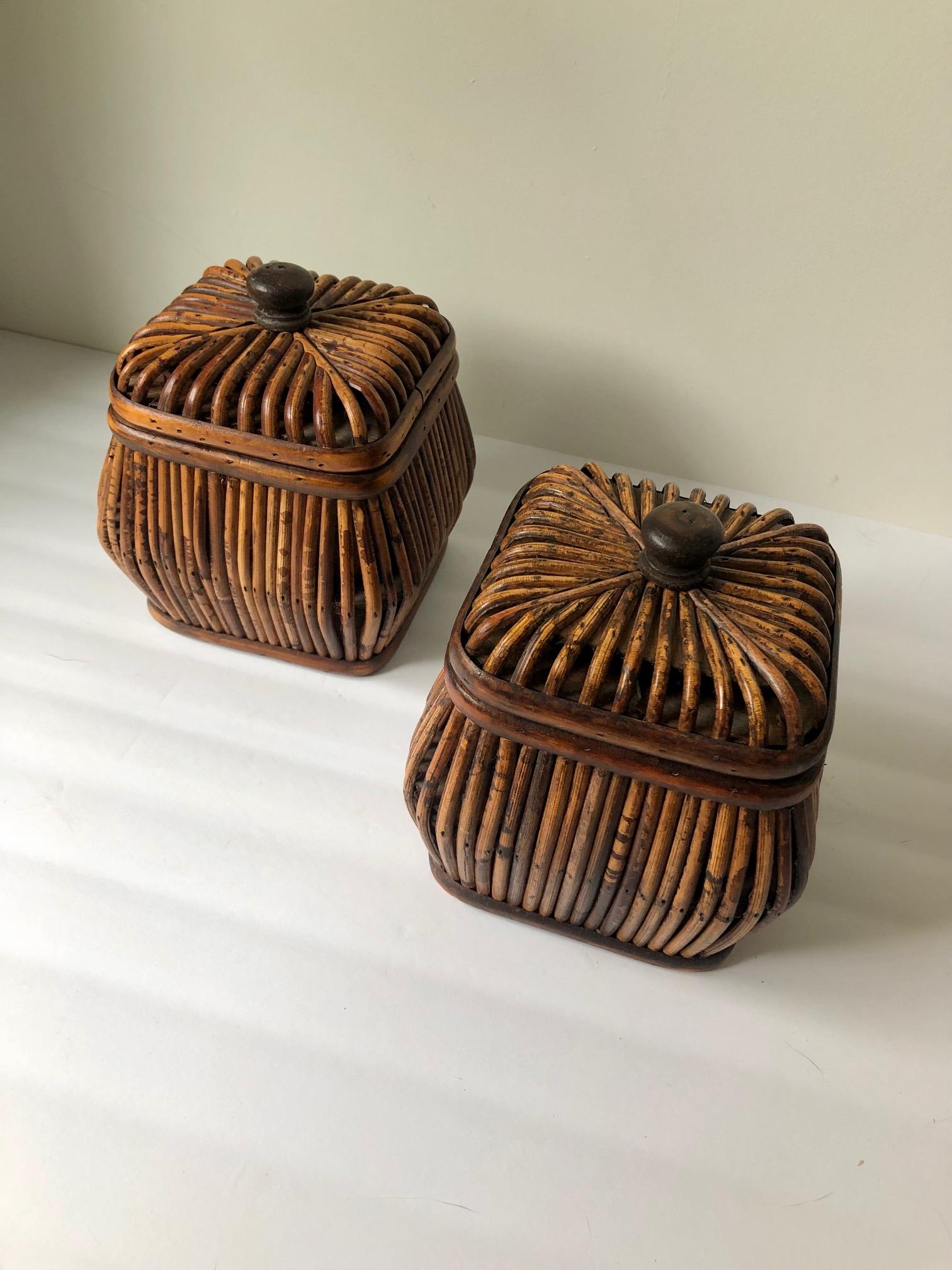 [SOLD] Pair of Vintage Pencil Reed Bamboo Rattan Baskets with Lids ...