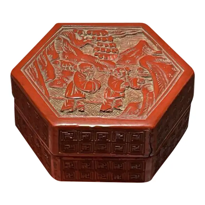 Antique Chinese Cinnabar Hexagon Box Carved with Figures » Tookey