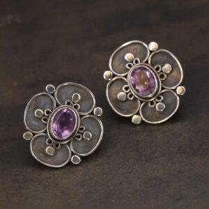 Vintage Sterling Silver Amethyst Flower Earrings