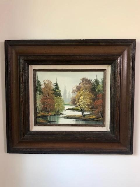 Vintage Landscape Painting newest Fall Lake Trees Canvas Board Paint Wood Frame Signed