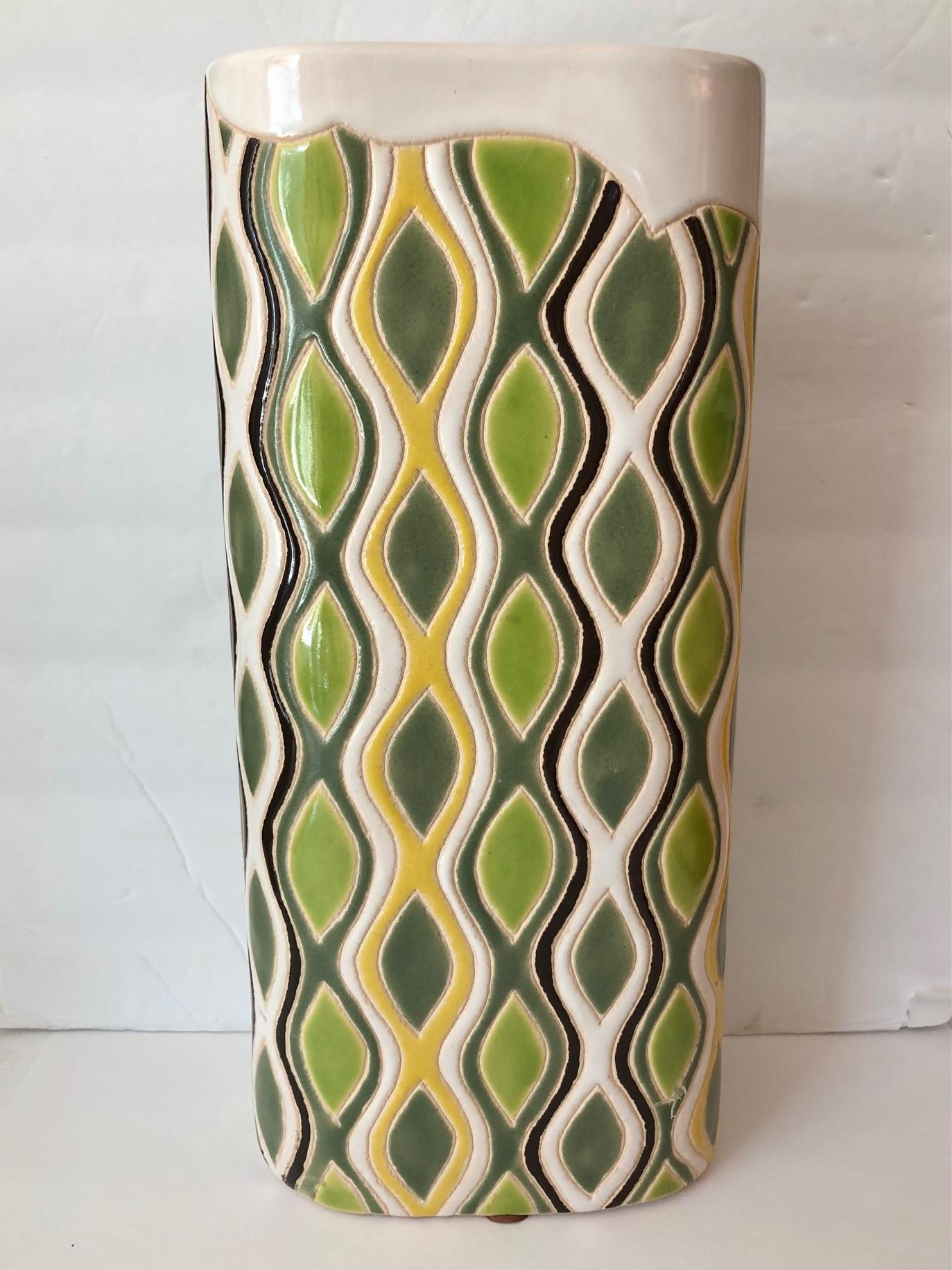 Geometric Pattern Vase Vietnamese Ceramic Vase with Retro Geometric Pattern, 1960s » Tookey Buxton