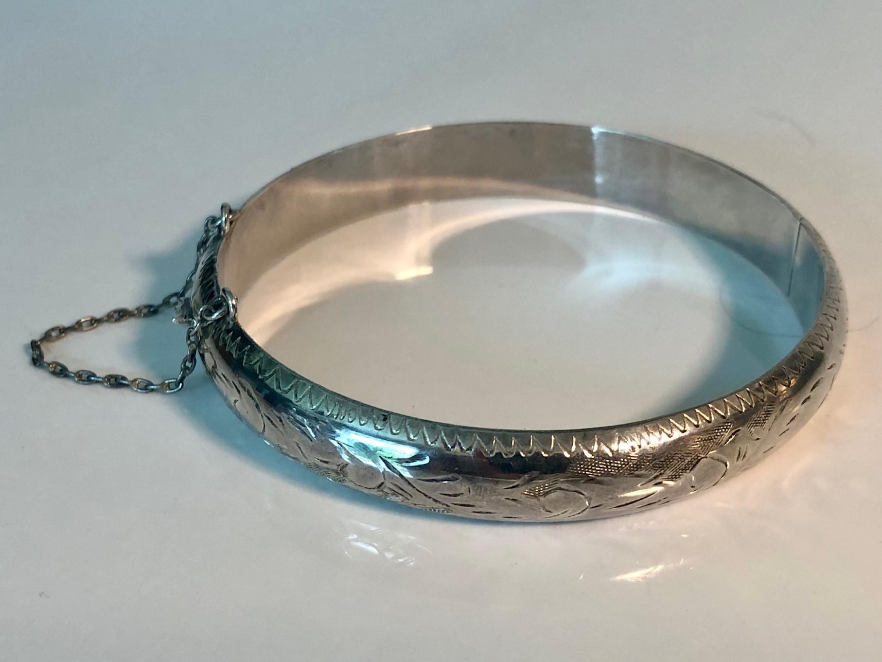 1980s Sterling Silver Etched Bangle With Safety Clasp » Tookey Buxton