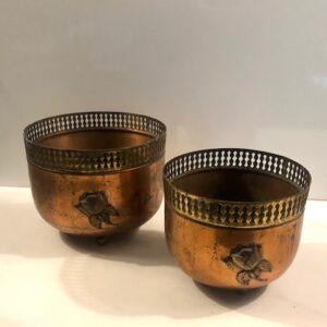Pair of Vintage Copper Brass Reticulated Footed Planters with Rose